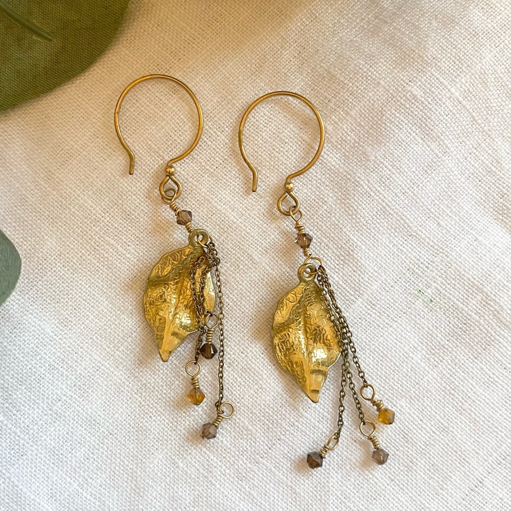 Gold Tone Leaf Earrings - Picture 2 of 6